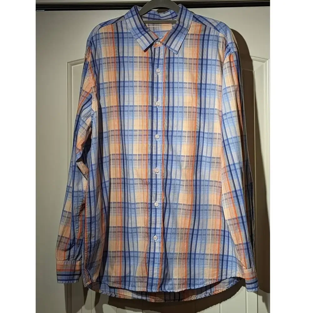 Tasso Elba Blue & Orange Plaid Button Up 100% Cotton Dress Shirt Mens Sz XL